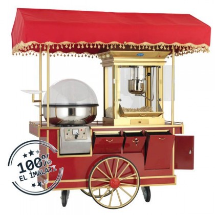 Aparat/ Masina popcorn + aparat vata pe bat, cu carucior si copertina, 1650x900x1900 mm